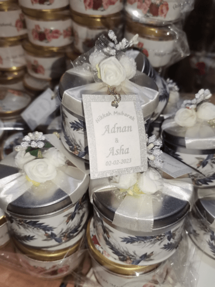 Silver Tin Bid Box With White Flowers